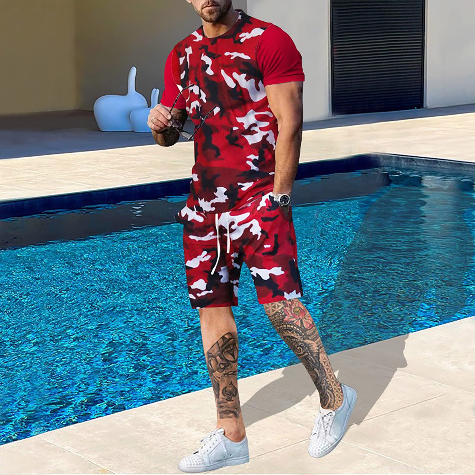 Outdoor Hunting Outfit - 男性用3DカモフラージュプリントTシャツとショーツ,特大のトラックスーツ,カジュアルなアウトドアウェア,キャンプ,狩猟,2ユニット