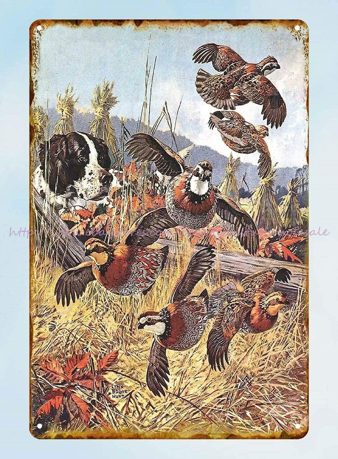 Hunting Quail - レトロな金属製の看板、狩猟、ウズラ狩り、トウモロコシ畑、犬のポスター、ヴィンテージの金属製飾り板、壁飾り、バスルームやレストランへのギフト