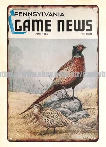 Hunting Quail - 1958年 ウズラ・キジ狩猟 ペンシルベニア州 ゲームニュース メタル製ブリキ看板 壁飾り