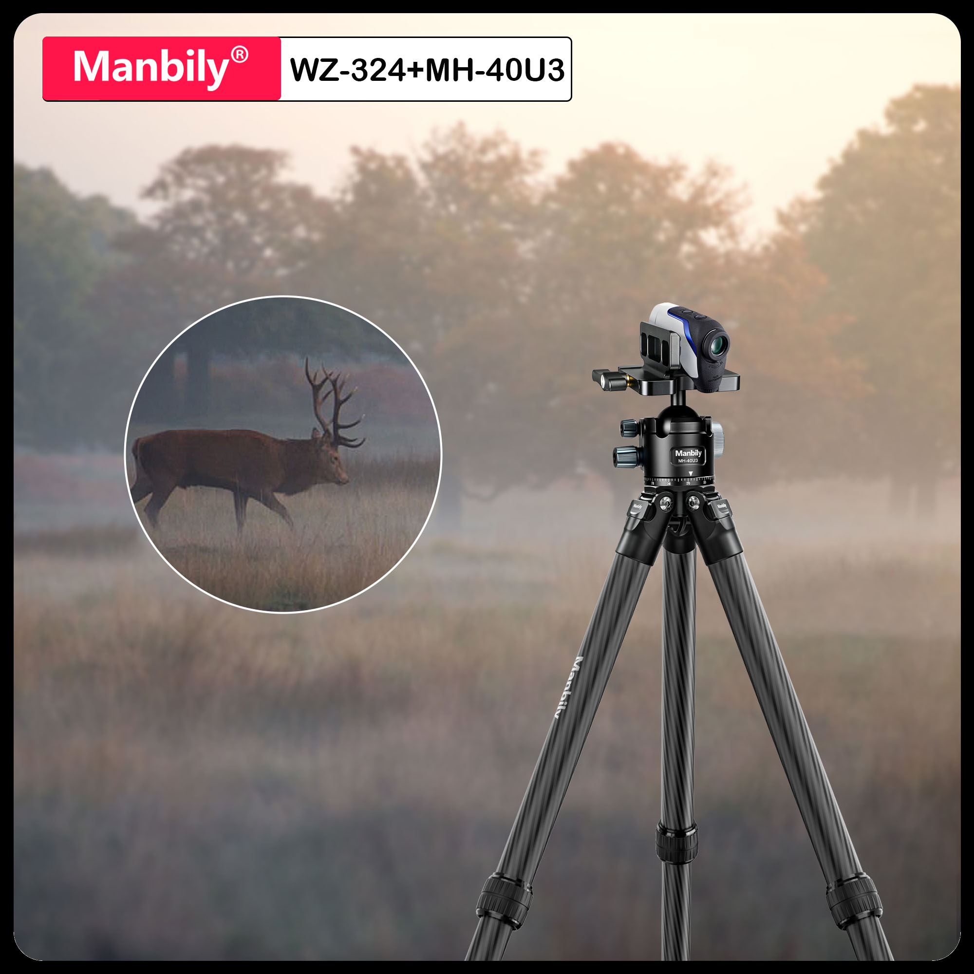 Outdoor Hunting Videos - Manbily WZ-324、40mmボールヘッドMH-40U3、カーボンファイバー製ハンティング三脚、69cm、プロ仕様の屋外用シューティング三脚。