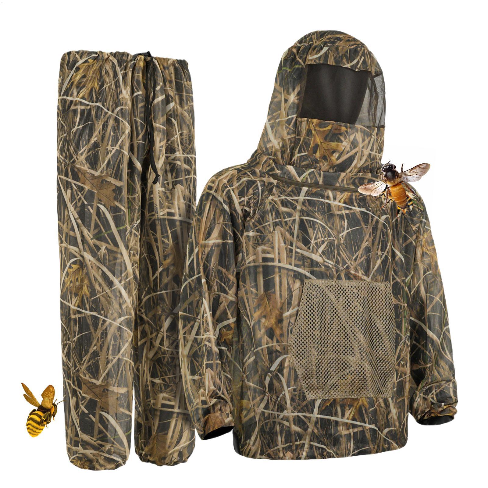 Outdoor Hunting Outfit - ハンティングスーツフライプルーフメッシュ衣装フード付き釣りスーツ狩猟釣りキャンプハイキング屋外ガーデニング探検用