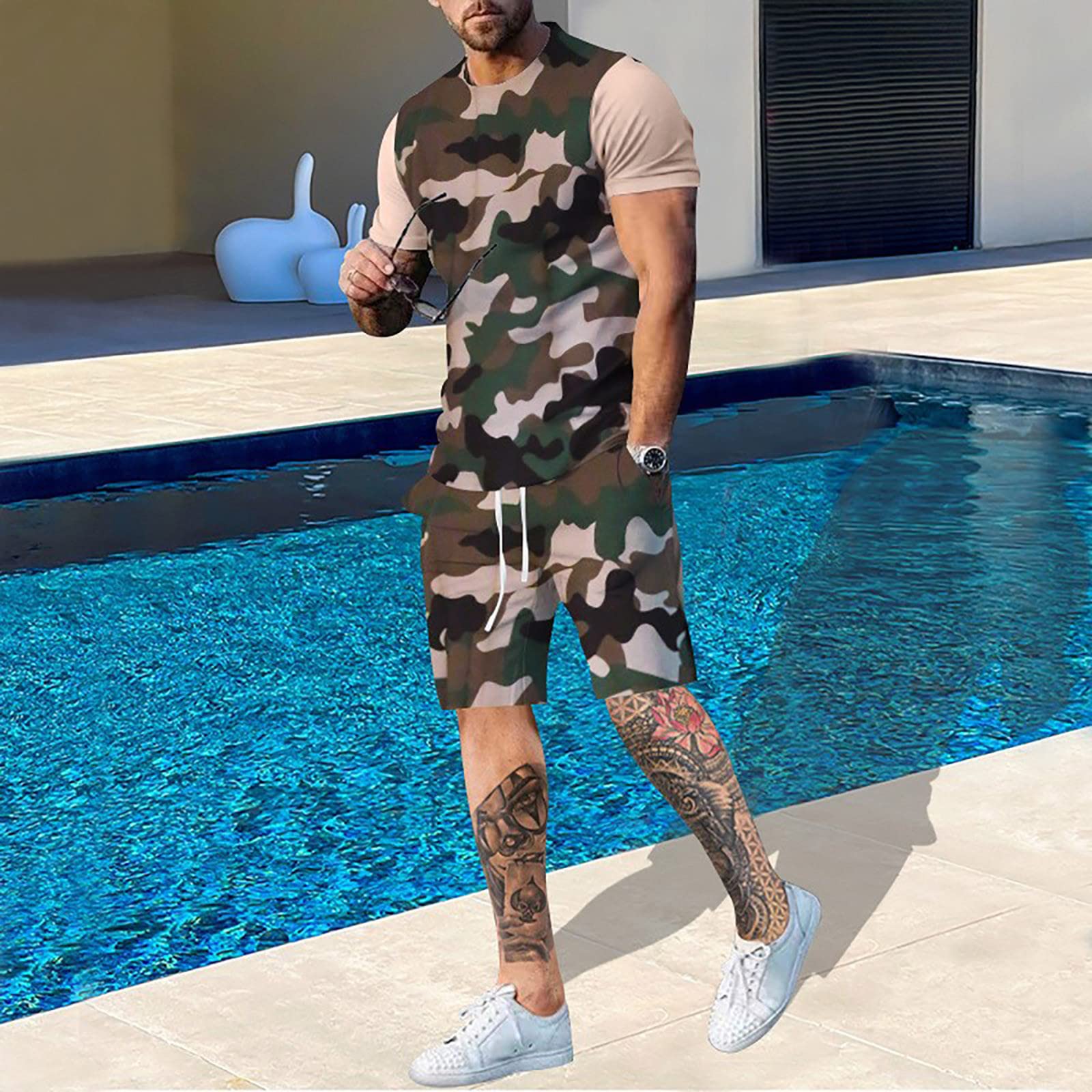 男性用3DカモフラージュプリントTシャツとショーツ,特大のト - Outdoor Hunting Outfit のレビューと価格