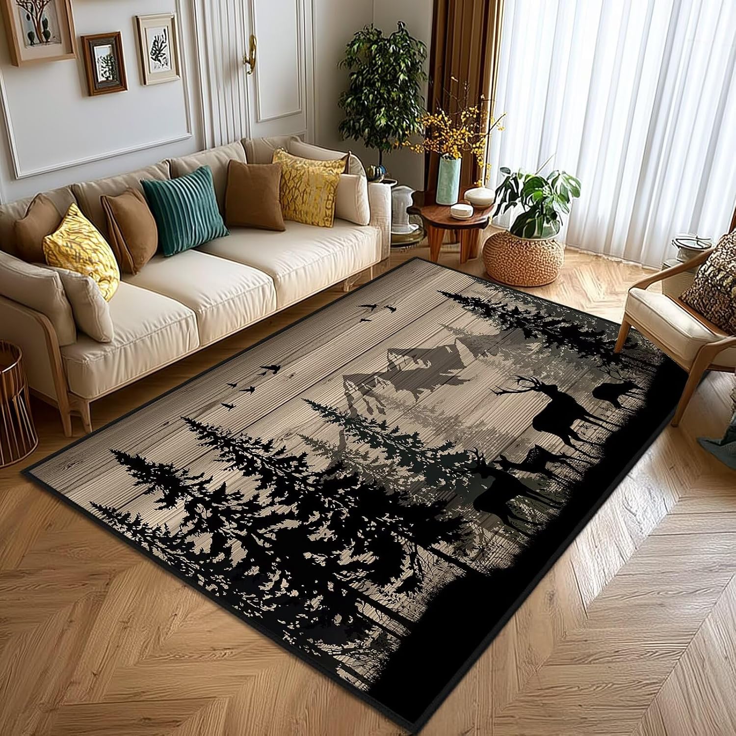 鹿狩り柄カモフラージュ鹿柄カーペット ヴィンテージスタイルラ - Hunting Outdoor Rug のレビューと価格