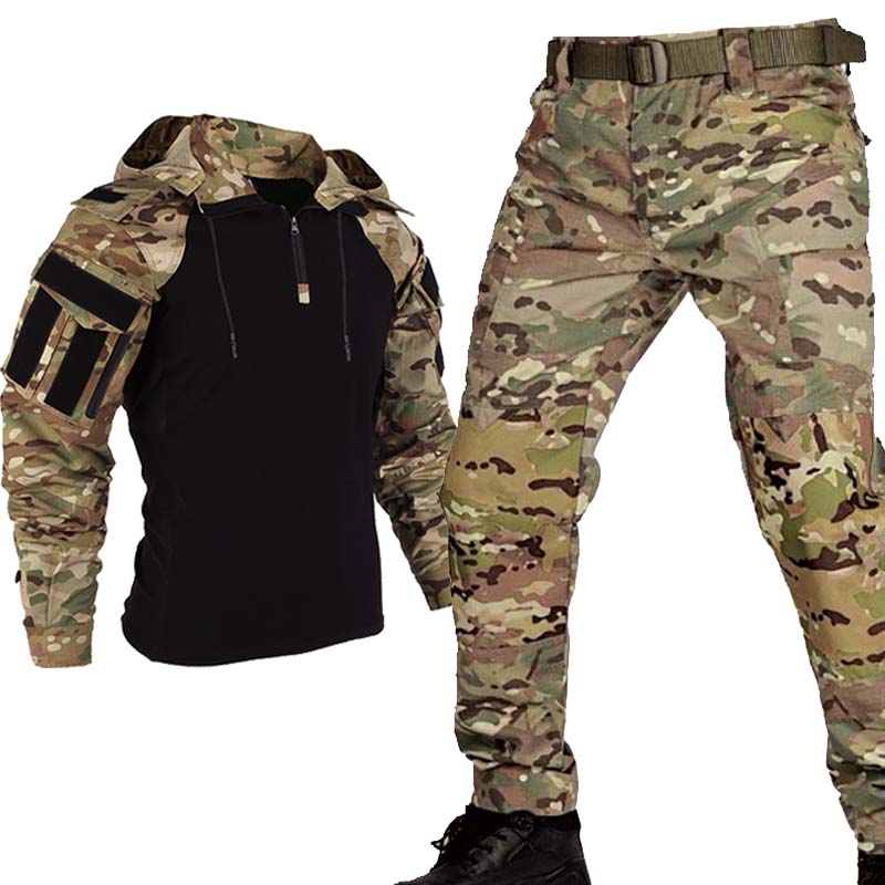 メンズブラックマルチカムタクティカルスーツ通気性コンバットウ - Outdoor Hunting Outfit のレビューと価格
