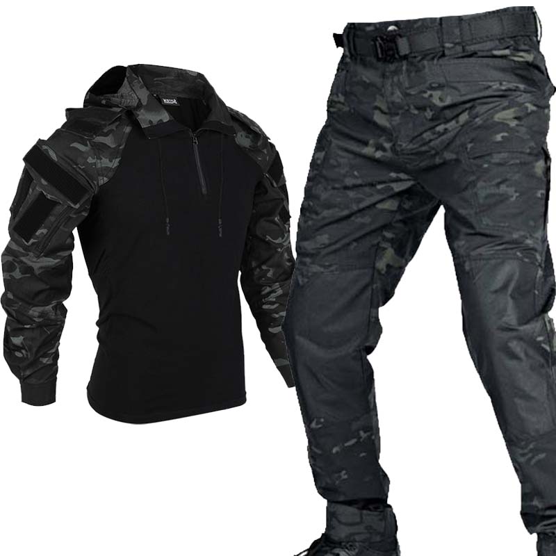メンズブラックマルチカムタクティカルスーツ通気性コンバットウ - Outdoor Hunting Outfit のレビューと価格
