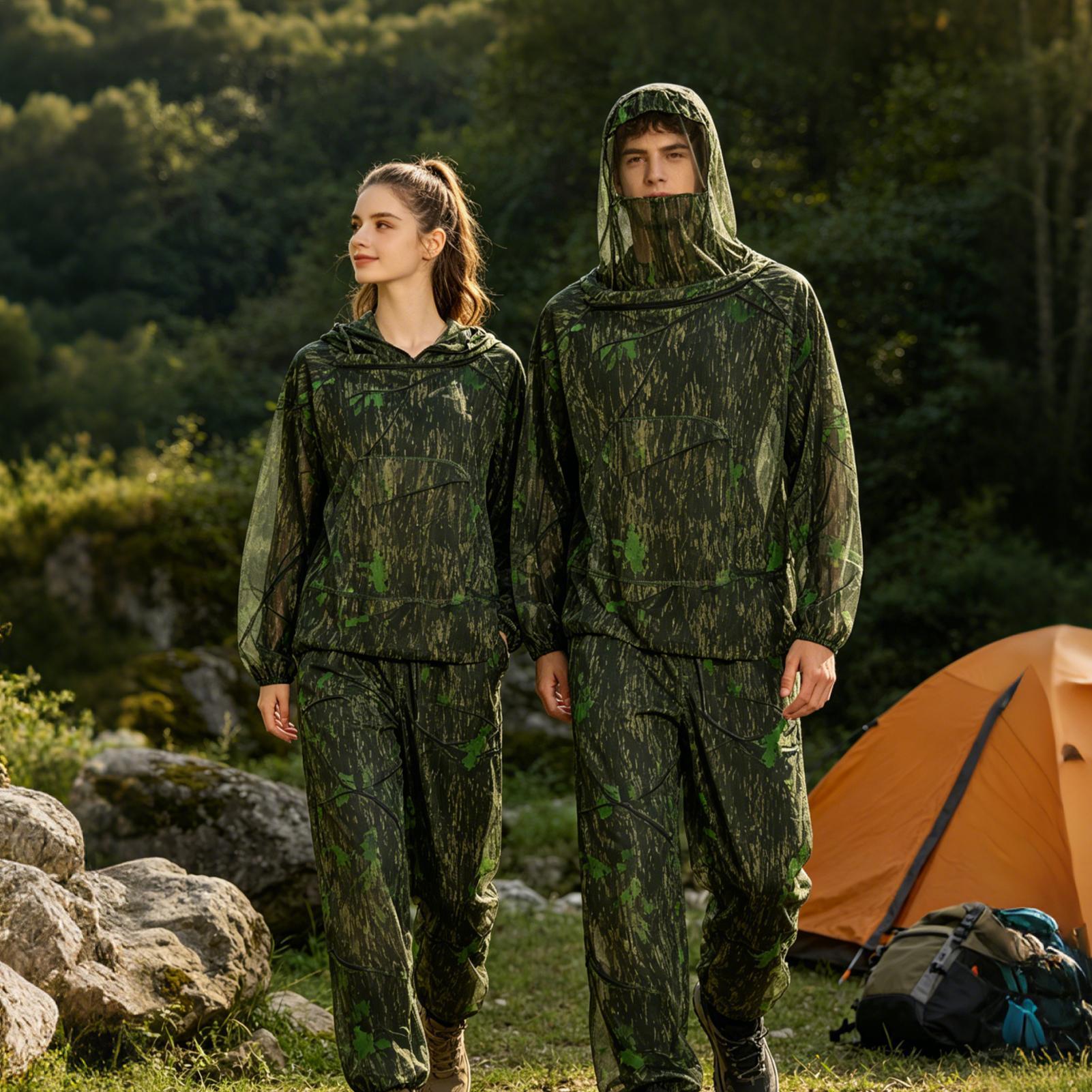 男性用ハンティングスーツフライプルーフメッシュ衣装フード付き - Outdoor Hunting Outfit のレビューと価格