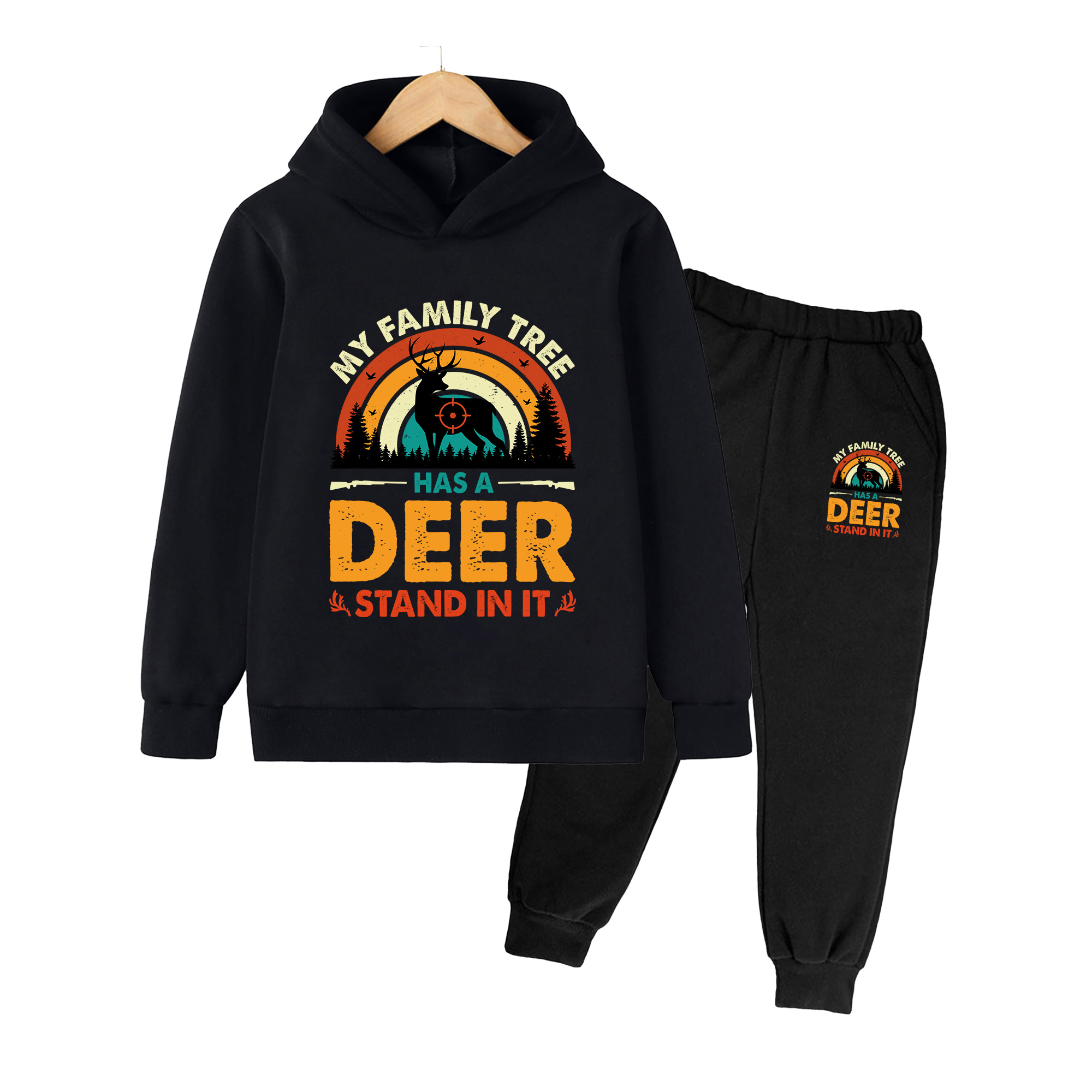キッズ用フーディー＆スウェットパンツセット、レトロな鹿狩り柄 - Outdoor Hunting Outfit のレビューと価格