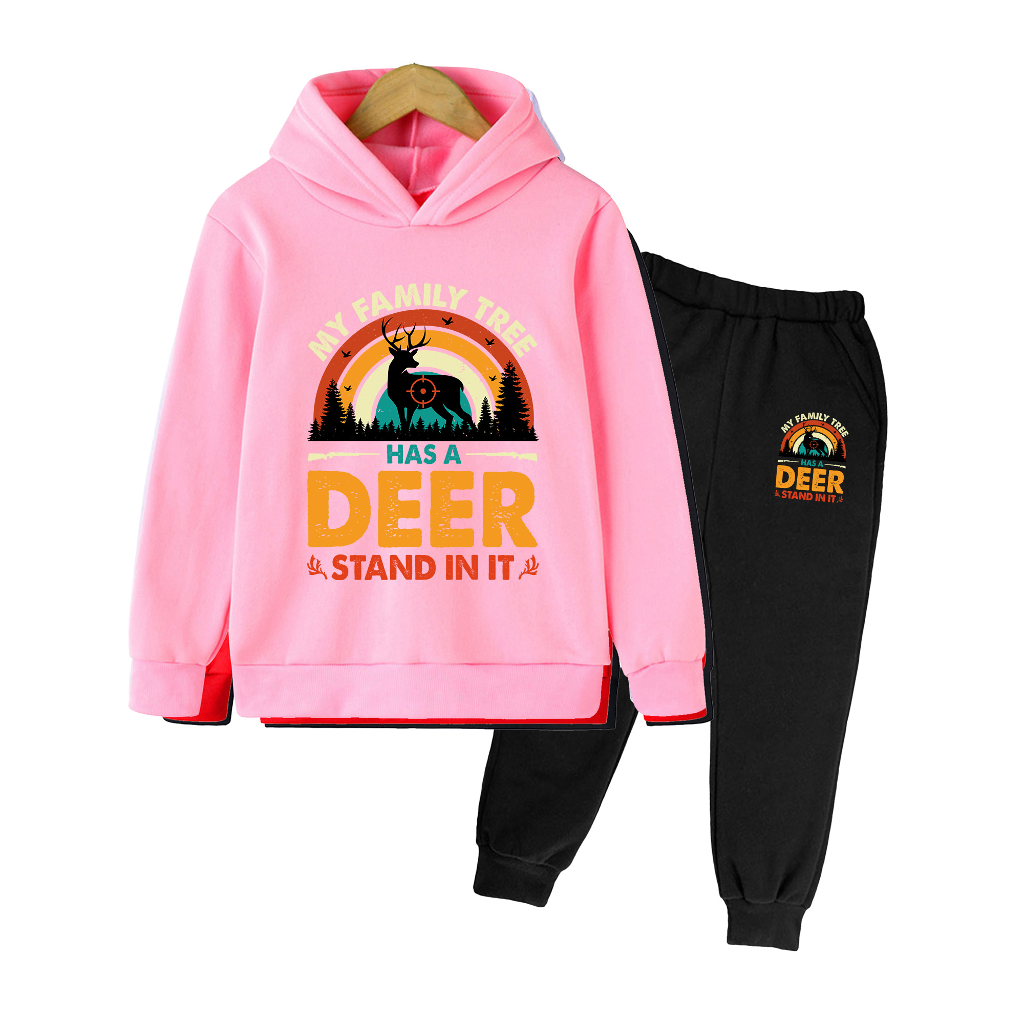 キッズ用フーディー＆スウェットパンツセット、レトロな鹿狩り柄 - Outdoor Hunting Outfit のレビューと価格