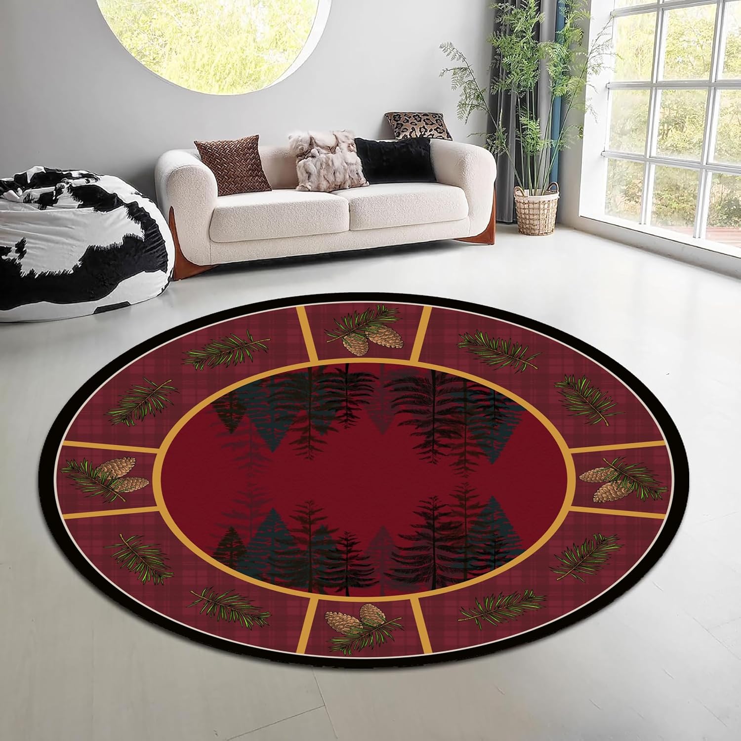 ヴィンテージ風自然森林柄ラウンドラグ グリーンブラウン エル - Hunting Outdoor Rug のレビューと価格